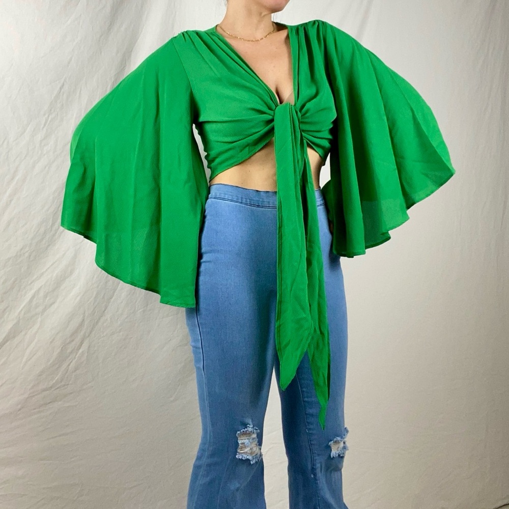 Green wrap around top or knot in front.